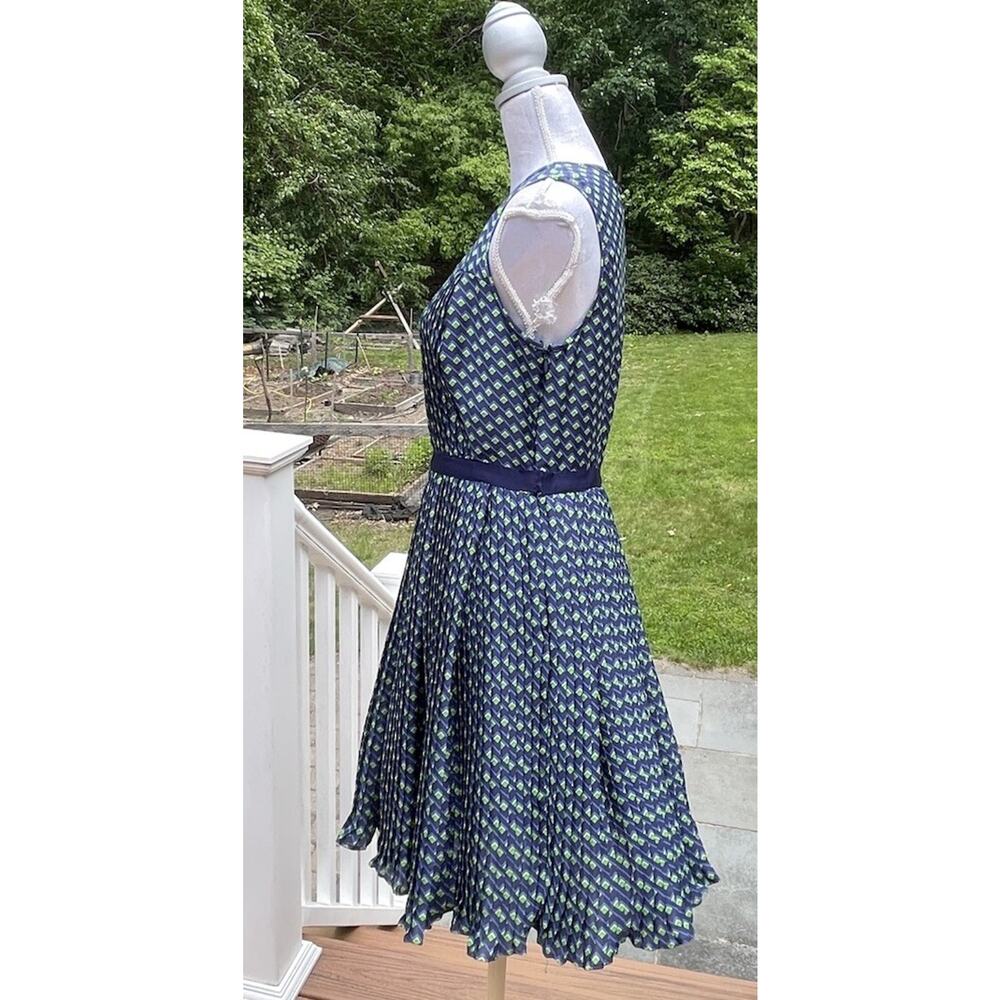 Shoshanna Paulette Micro-pleat Sleeveless Knee Length Dress, Blue/Green Print 6 - Picture 6 of 16